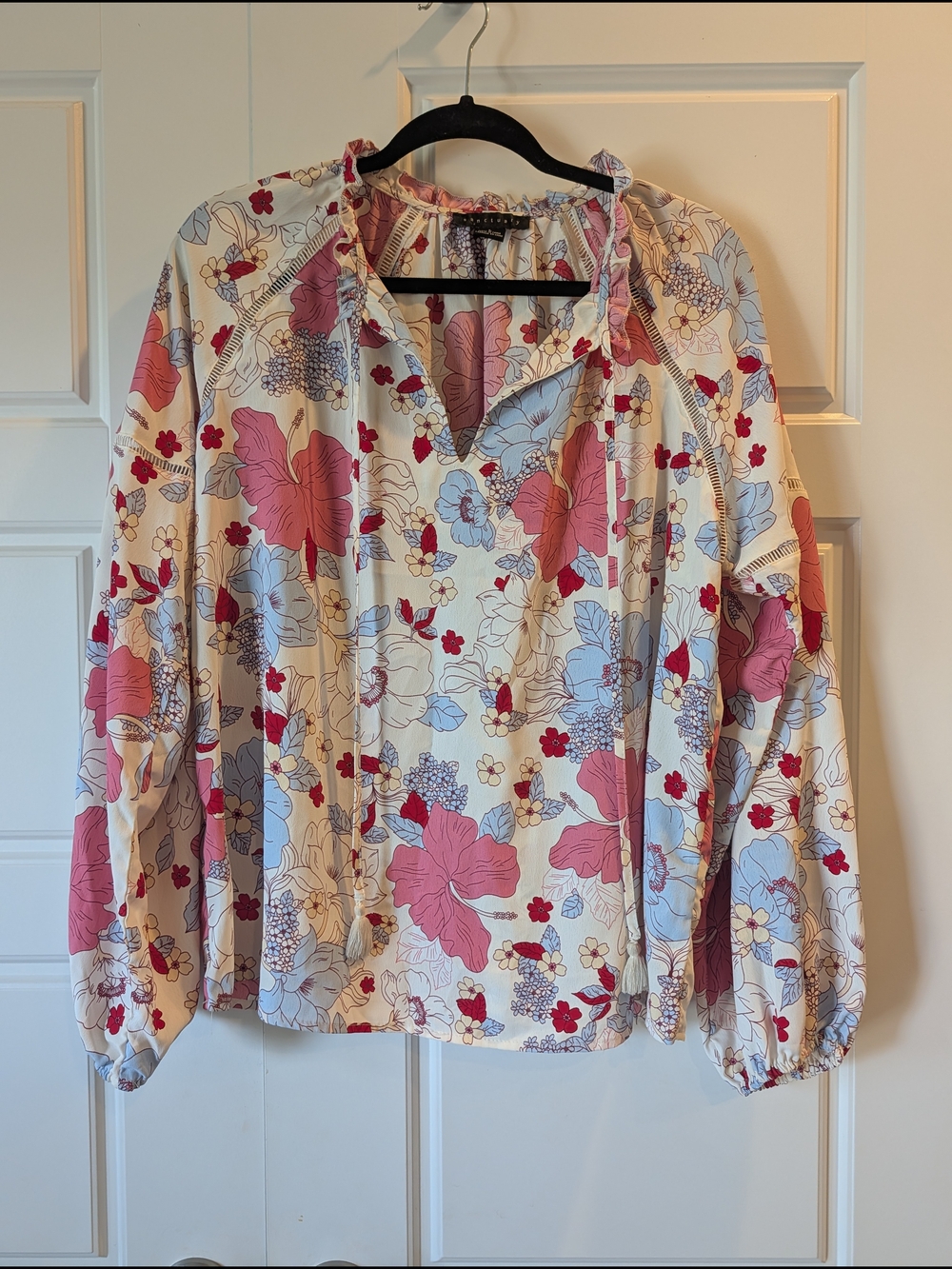 Floral Crochet Sanctuary Large Top Soft Easy Wear Meadow Blouse Keyhole Ties